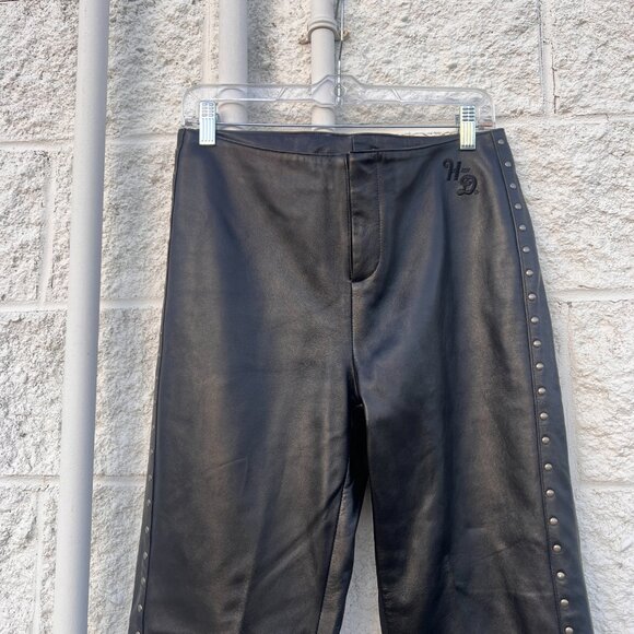 Harley Davidson Studded Black Genuine Leather Pants w Back Lace Up Detail Sz 10 - Picture 3 of 9